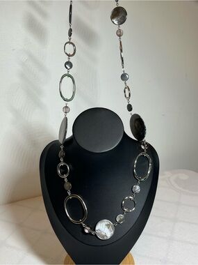 Lia Sophia Silver-Tone Mixed Disc & Open Oval Necklace with Gray Accents